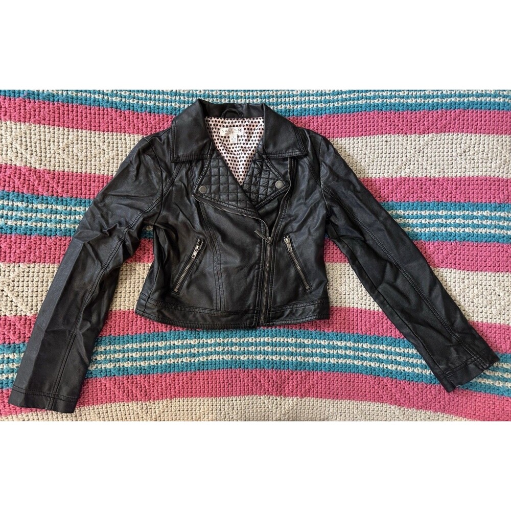 Sally Miller Girls Faux Black Leather Motorcycle Jacket Size Large 10-12